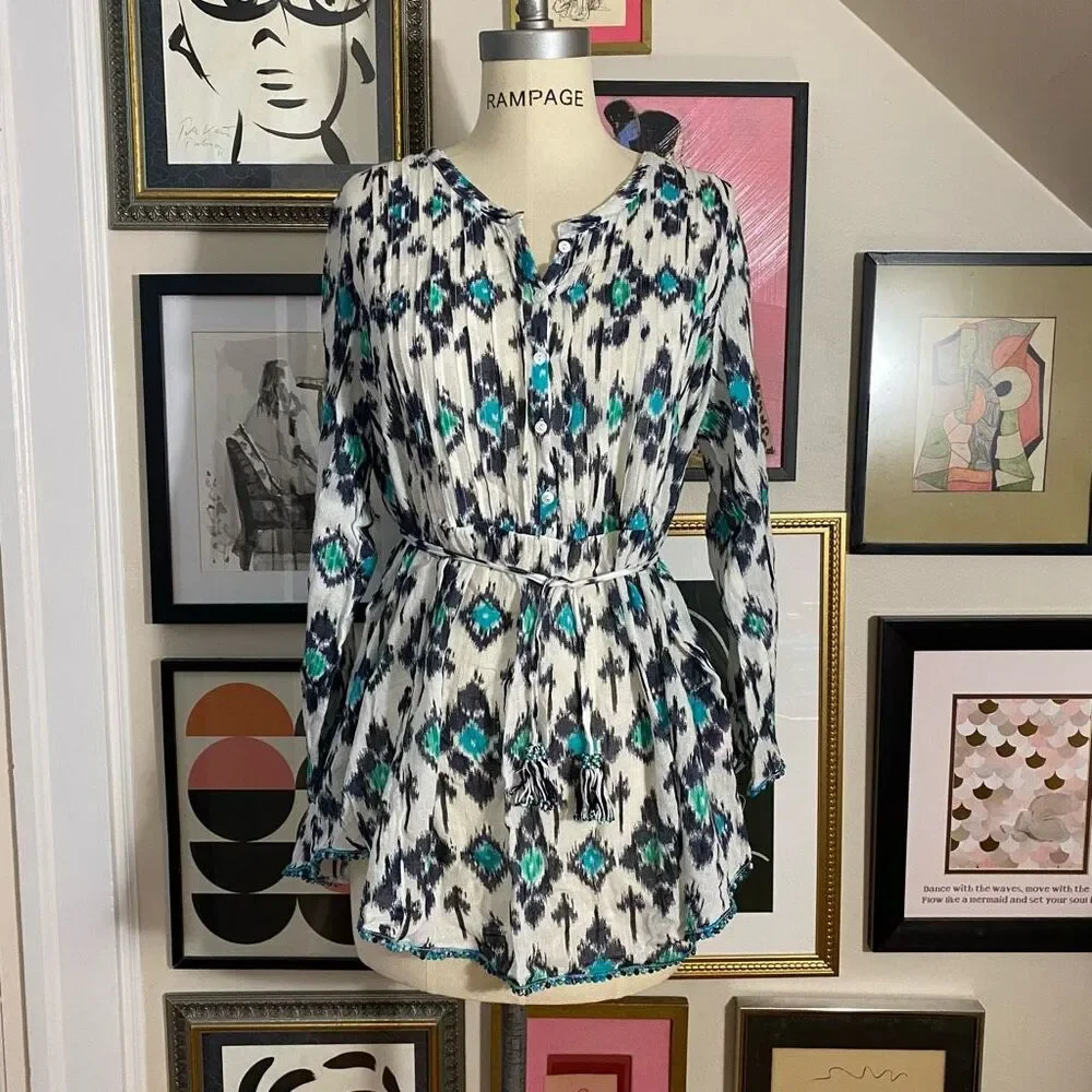 Calypso St Barth Women’s Size Large Fit Flare Blouse White Turquoise Tie Waist - Picture 2 of 8